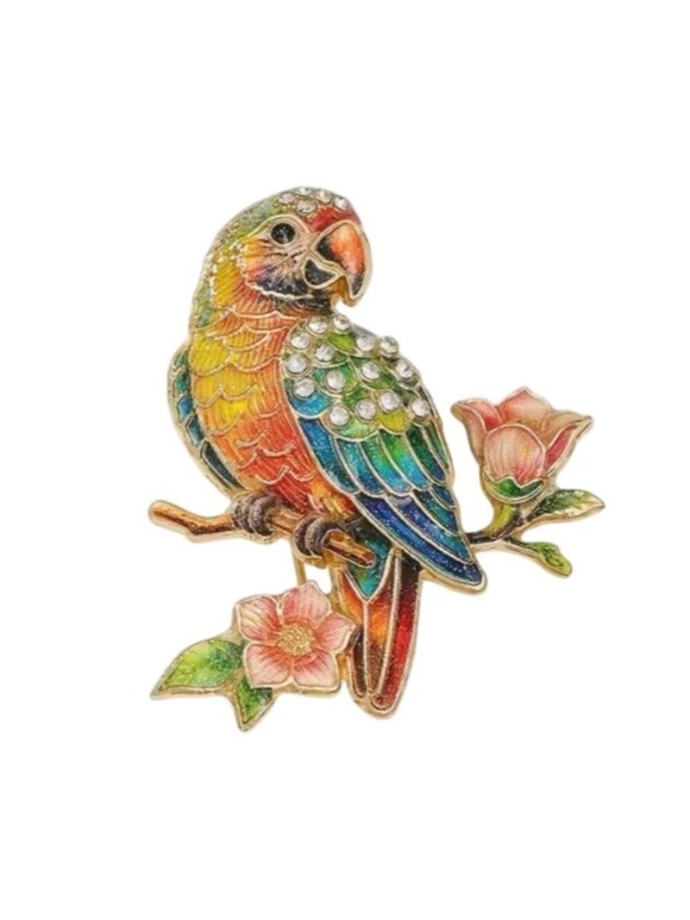Colorful Parrot Brooch Pin With Crystal Details & Flower Accent Gold Tone